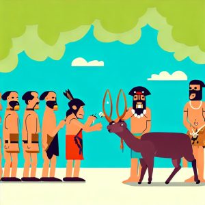 a stone age man with a hunted animal being welcomed by his tribe flat designنظر دیگران